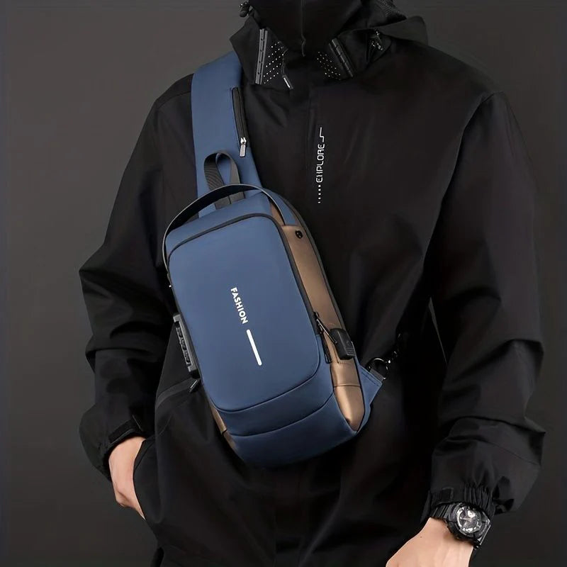 Blue & Brown Anti-Theft USB Crossbody Bag | Multifunction Travel Shoulder Bag