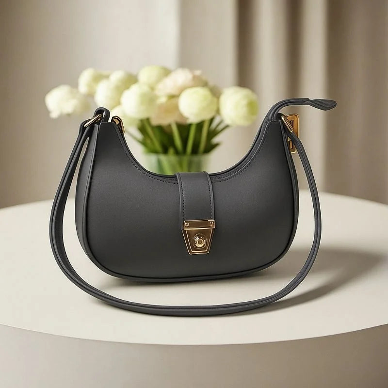 Dark Gray Crescent Luxury Faux Leather Shoulder Bag for Women