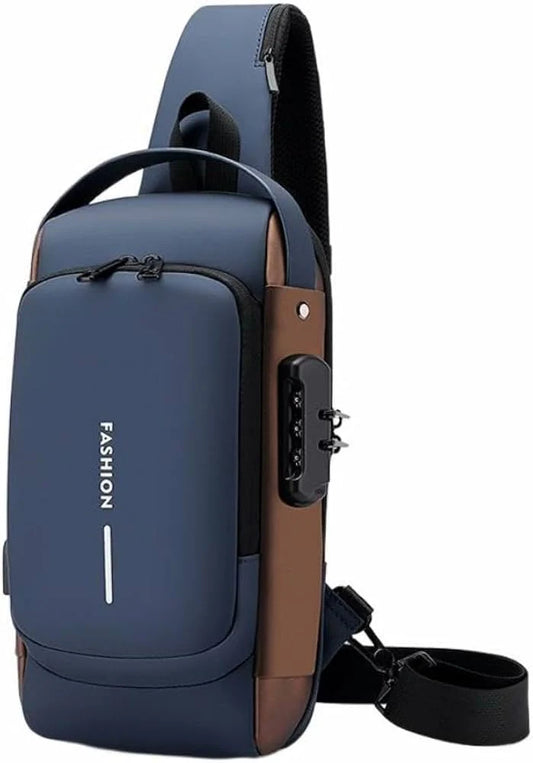 Blue & Brown Anti-Theft USB Crossbody Bag | Multifunction Travel Shoulder Bag
