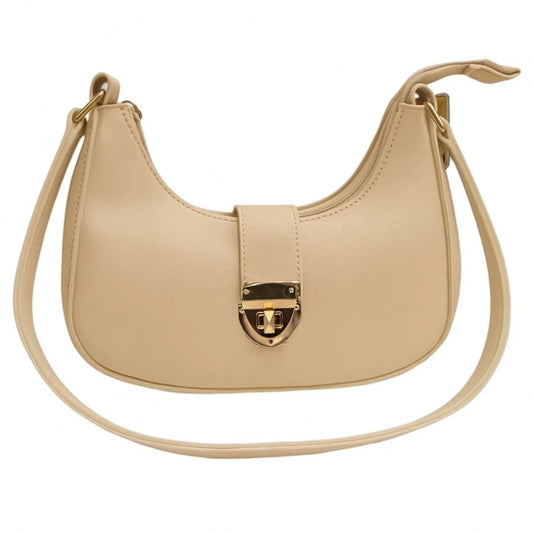 Beige Crescent Leather Shoulder Bag for Women | Luxury Handbag