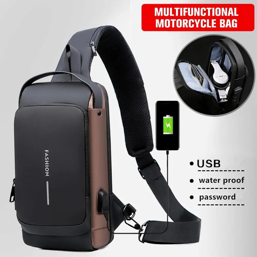 Blue & Brown Anti-Theft USB Crossbody Bag | Multifunction Travel Shoulder Bag