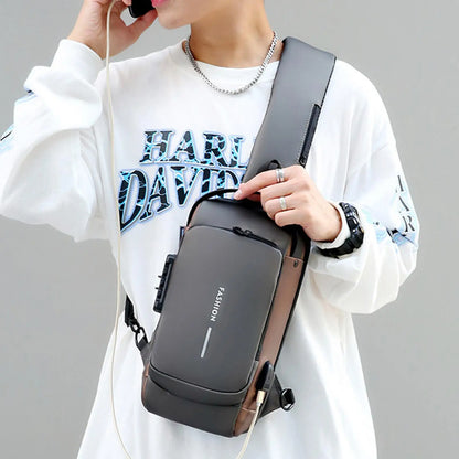 Blue & Brown Anti-Theft USB Crossbody Bag | Multifunction Travel Shoulder Bag