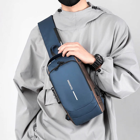 Blue & Brown Anti-Theft USB Crossbody Bag | Multifunction Travel Shoulder Bag