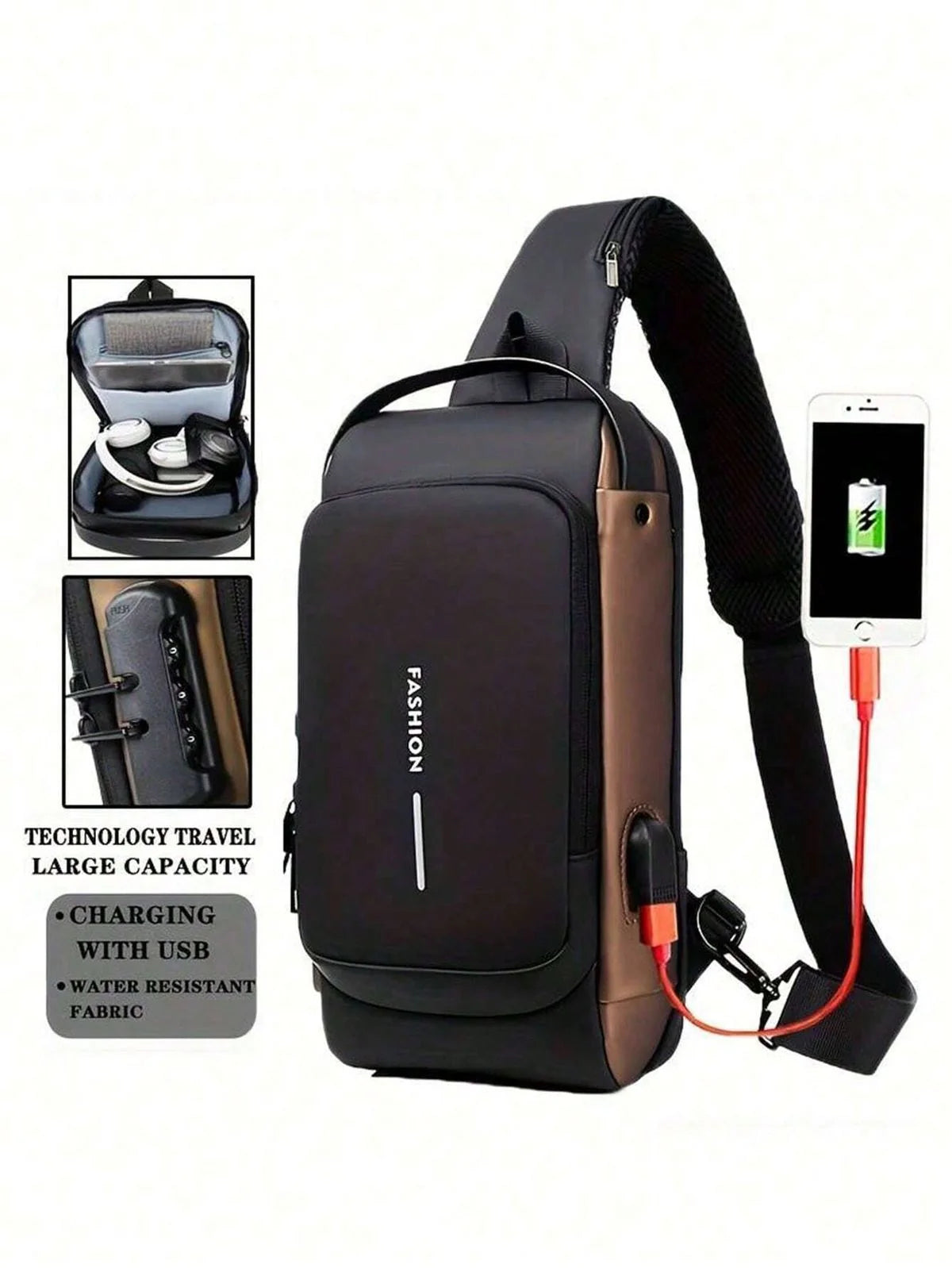 Blue & Brown Anti-Theft USB Crossbody Bag | Multifunction Travel Shoulder Bag